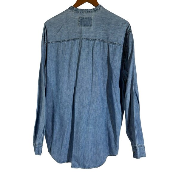 LEVI Men’s Shirt Large COLLARLESS Grandpa Denim METAL BUTTON - Picture 2 of 6